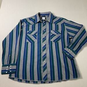 Wrangler Western Mens Size XL Blue Striped Long Sleeve Collared Dress Shirt
